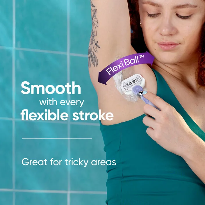 Gillette Venus Extra Smooth Contour razor shaving underarm with text stating smooth with every flexible stroke