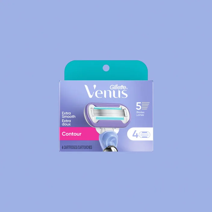 Gillette Venus Extra Smooth Contour refills pack of 6 with text stating 5 blades