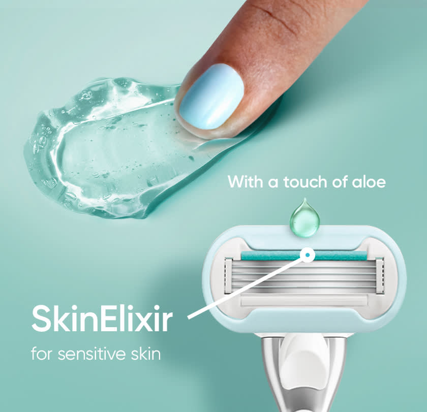 A hand with blue nail polish touches a gel with aloe, featuring Gillette Venus Extra Smooth Sensitive razor blades.