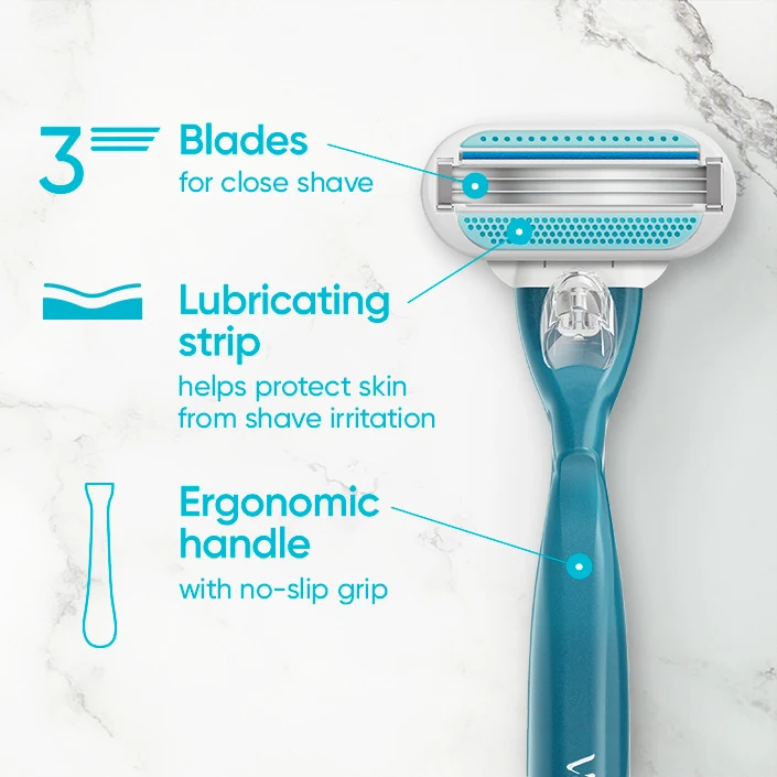 Gillette Venus Smooth razor close up infographic with text stating three blades for close shave lubricating strip helps protect skin from shave irritation and ergonomic handle with no slip grip