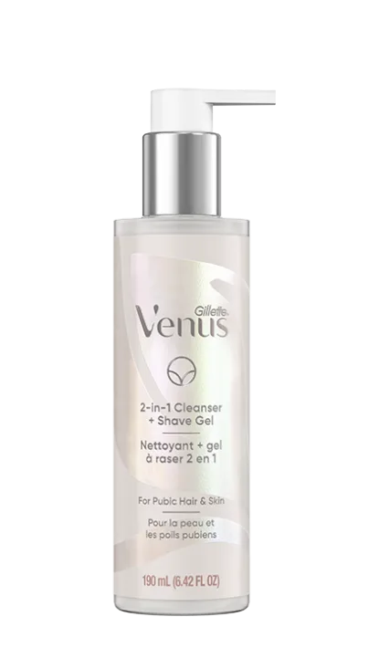 Package with a squeeze cap of white Venus cleanser + shaving gel