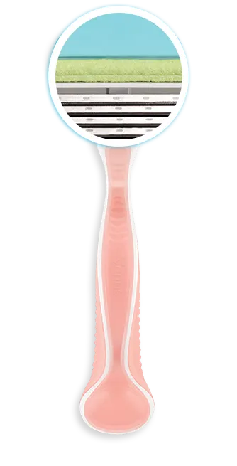 Pink refillable razor with a zoom-in segment of its lubastrip glide