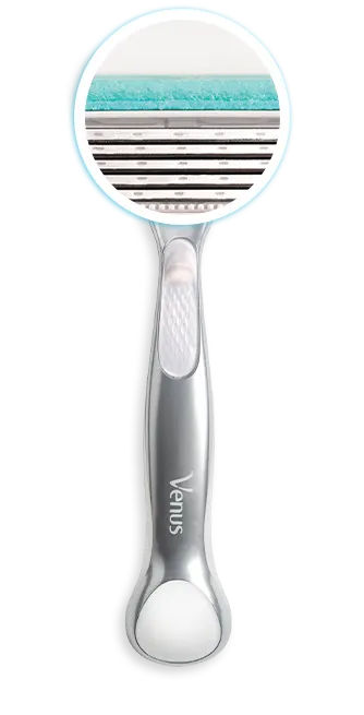 Silver refillable razor with a zoom-in segment of its lubastrip glide