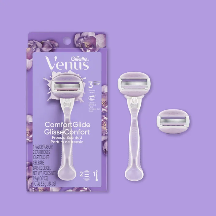 Venus ComfortGlide Freesia Scented packaging with assembled razor and refill cartridge