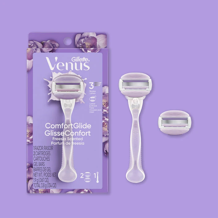 Venus ComfortGlide Freesia Refillable Razor with 3 blades, the package to the left includes one handle and two refills, in the middle is a handle with a mounted refill and the refillable head is displayed on the right side of the image.
