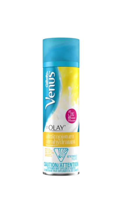 Blue and yellow Gillette Venus Olay shaving gel container