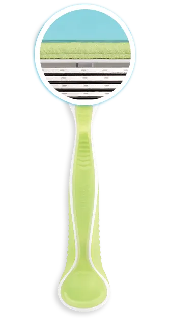 Green coloured refillable razor with a zoom-in segment of its lubastrip glide