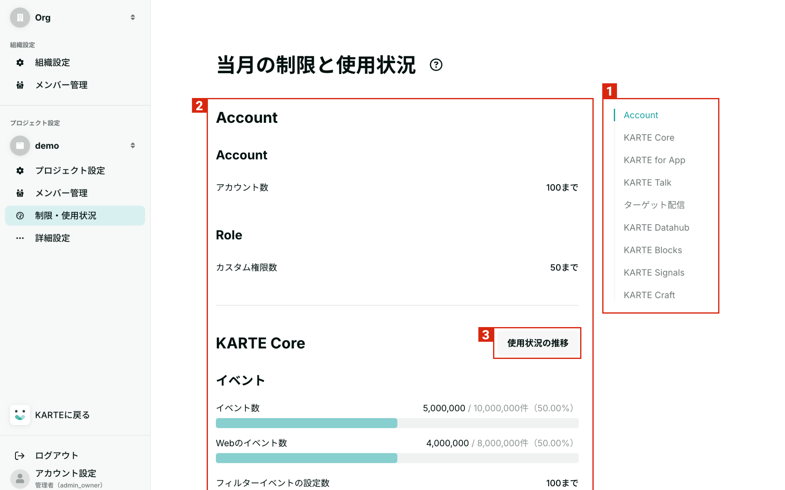 制限・使用状況を確認する | ドキュメント / 設定メニュー / 組織