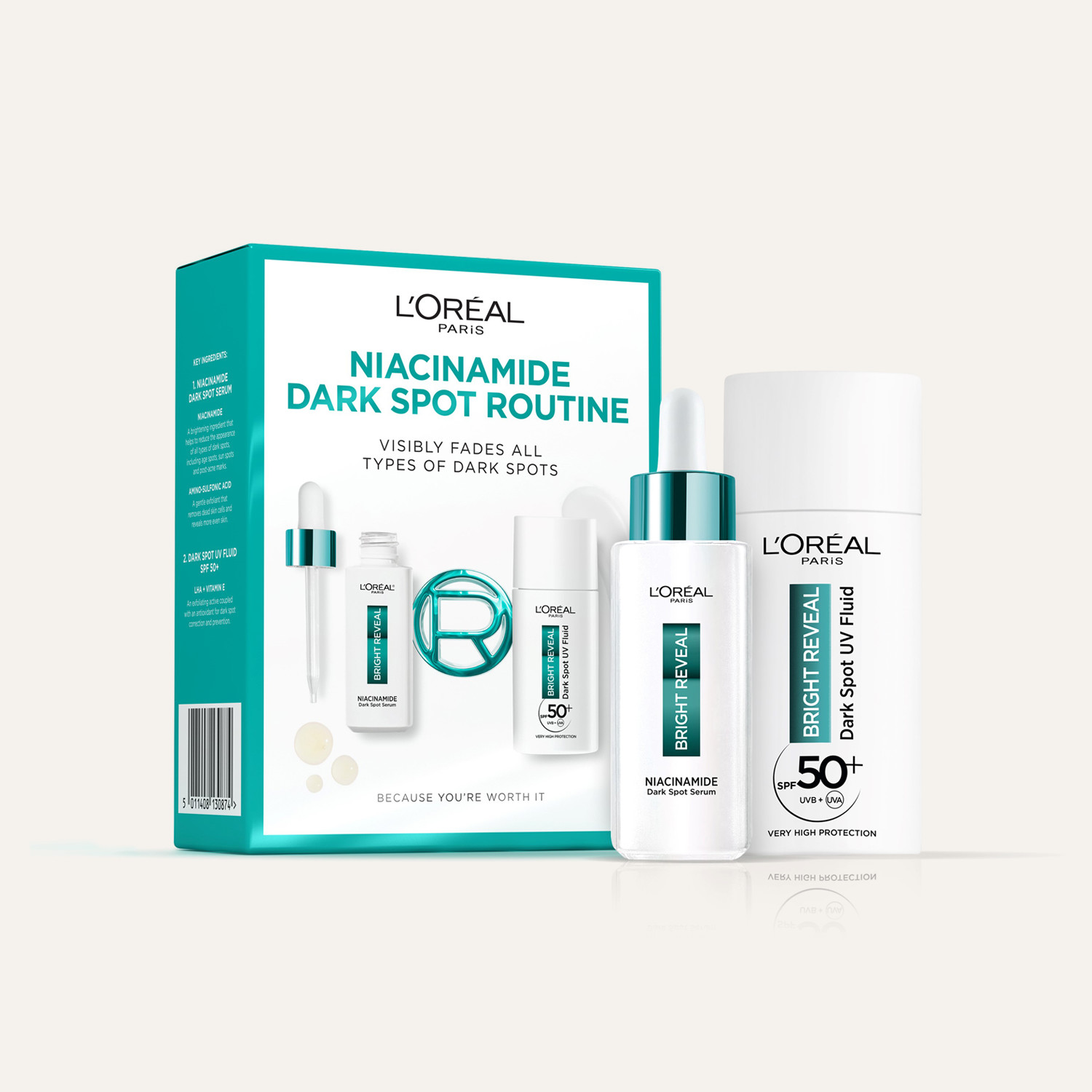 L'oréal Paris Dark Bright Reveal Niacinamide Spot Routine Spf50+ - 80Ml | Serum Reduces Spots | Uv Fluid Offers Broad Spectrum Protection
