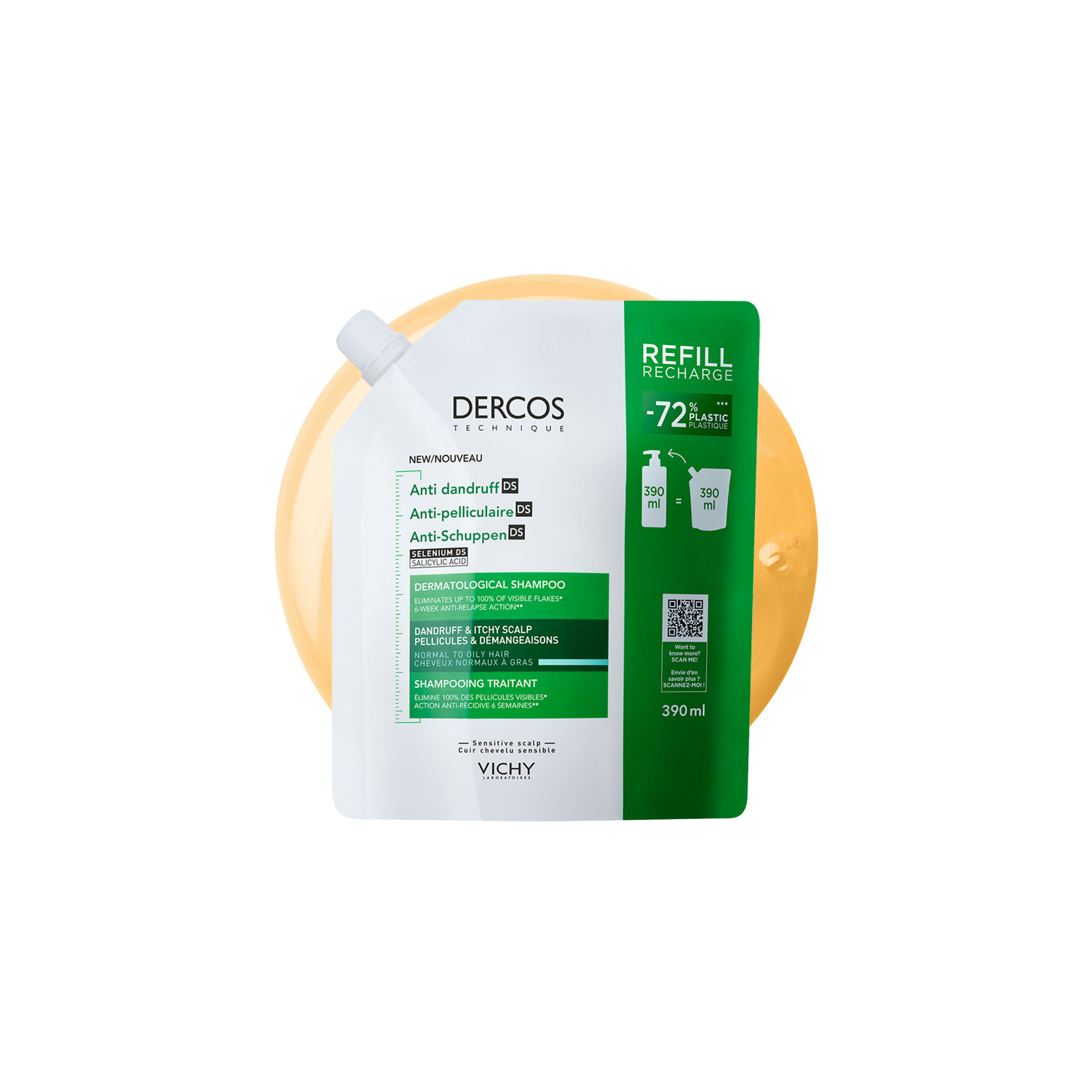 Vichy Dercos Anti-Dandruff Shampoo For Normal To Oily Hair 390Ml | Eliminates Upto 100% Of Visible Dandruff Flakes | Offers Long-Lasting Relief