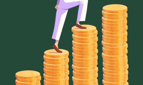 Illustration of a senior woman climbing steps that are made of stacked coins.