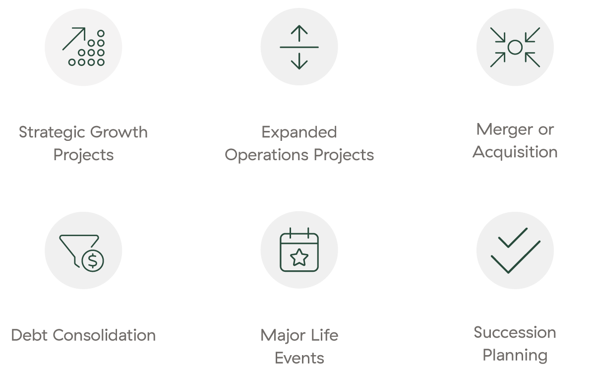 Strategic Growth Projects, Expanded Operations Projects, Merger or Acquisition, Debt Consolidation, Major Life Events, Succession Planning