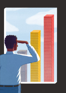 Illustration of a man looking out a window a skyscrapers that ascend in height like a bar chart.