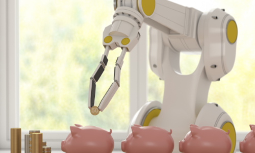 Robot feeding money into a piggy bank to representing automated savings