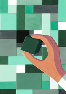 Illustration of a person fitting a block into a empty space.