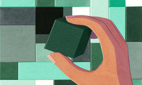 Illustration of a person fitting a block into a empty space.