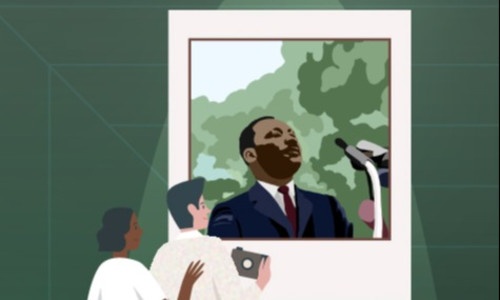 a couple gazes at a painting of Dr. Martin Luther King Jr.