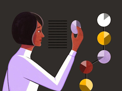 A man and woman interacting with chart elements.