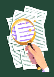 Illustration of a stack of papers being looked at through a magnifying glass.