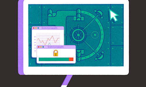 Illustration of a desktop computer with wallpaper that depicts a vault.