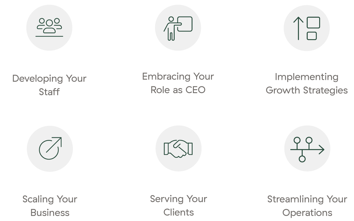 Developing Your Staff, Embracing Your Role as CEO, Implementing Growth Strategies, Scaling Your Business, Serving Your Clients,  Streamlining Your Operations