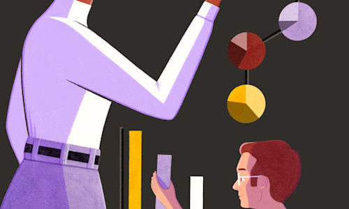 Illustration of a man watering a small tree, with a larger tree and a mature tree behind him.