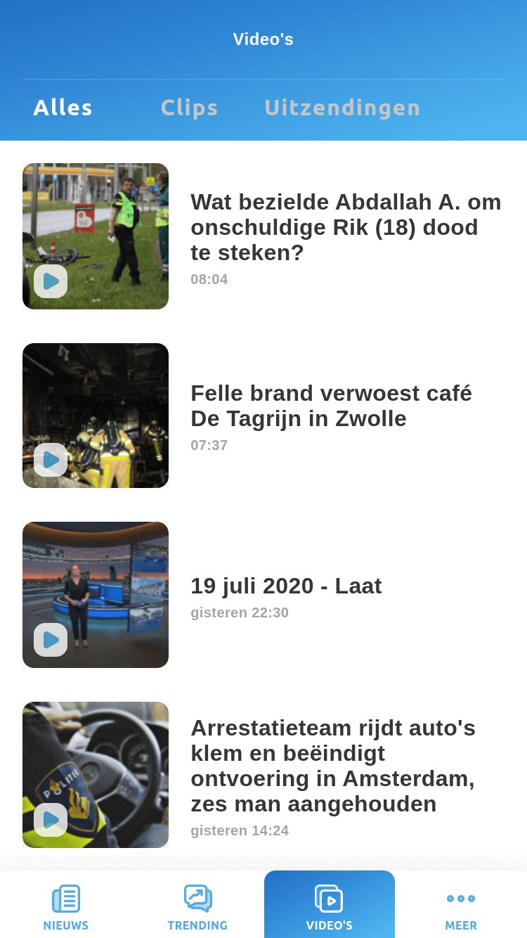 News app - videos screen