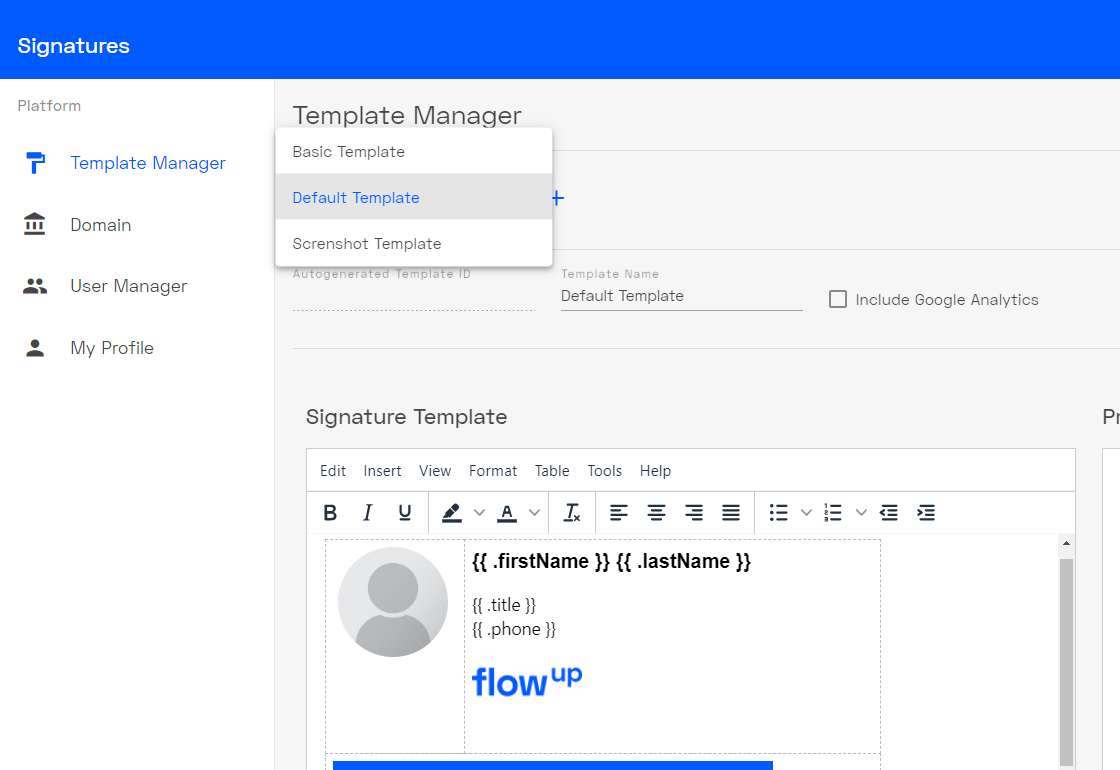 → Create new or import existing signature templates.