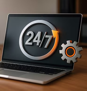 Laptop displaying a 24/7 availability icon with a gear symbol.