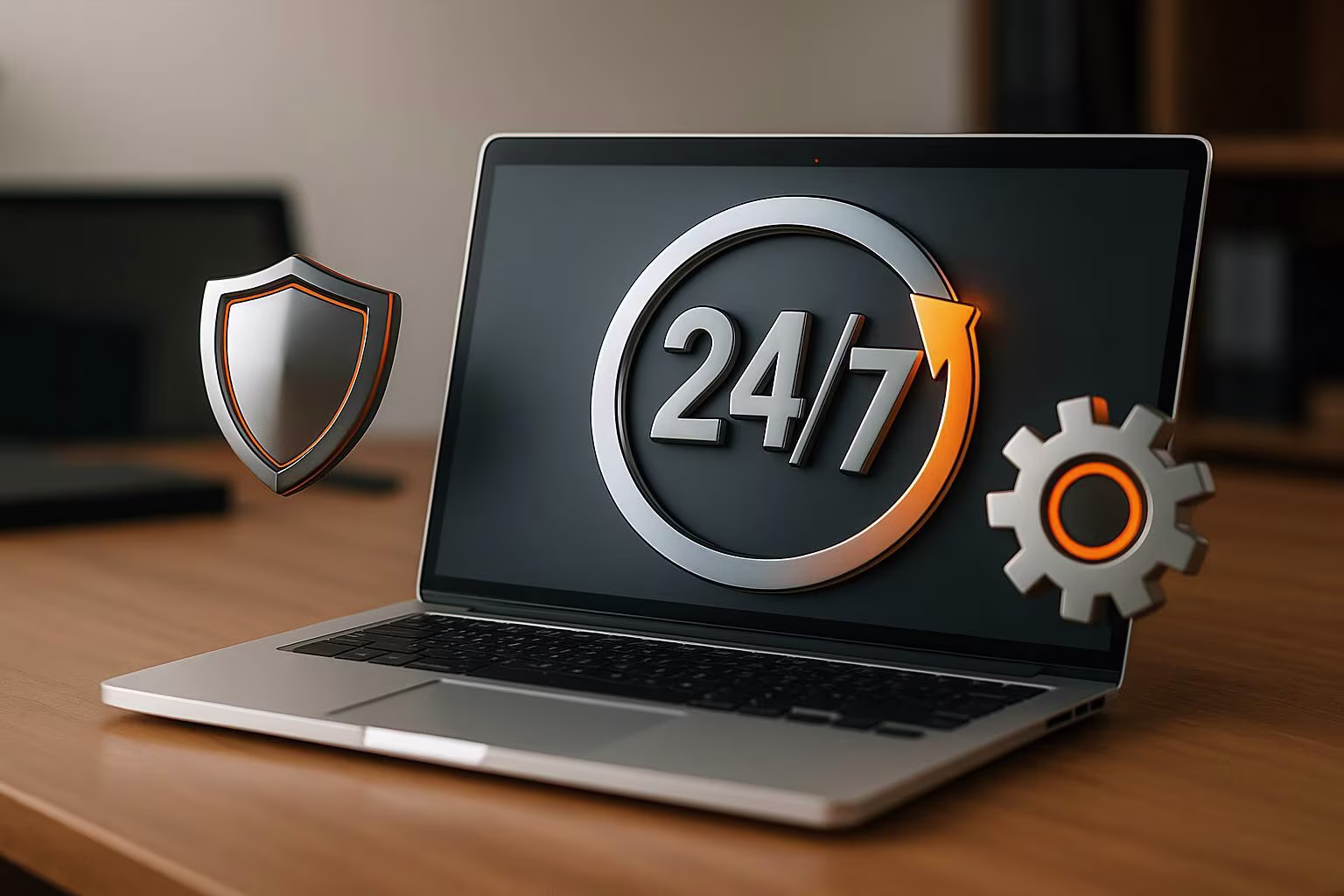 Illustration of laptop sorrounded by technical icons, representing technical processes and system maintenance Illustration of laptop sorrounded by technical icons, representing technical processes and system maintenance