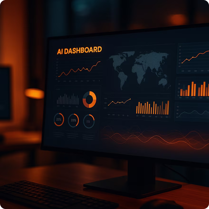 Computer monitor displaying an AI dashboard with graphs, charts, and global data visualization in orange tones, representing automated website maintenance checks powered by AI Computer monitor displaying an AI dashboard with graphs, charts, and global data visualization in orange tones, representing automated website maintenance checks powered by AI