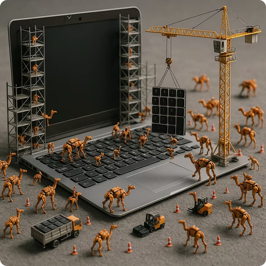 Orange camels build on a laptop. Orange camels build on a laptop.