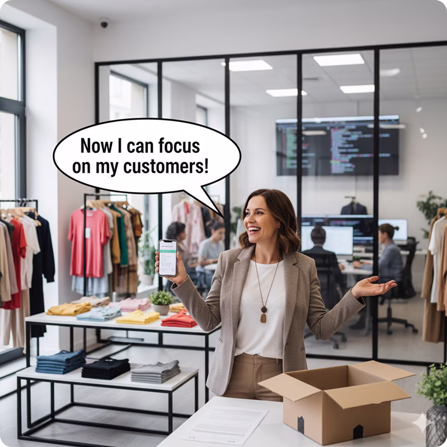 Happy female business owner standing in her stylish clothing store saying “Now I can focus on my customers”. In the background we see a room separated from the shop, full with an entire team of website maintenance specialists working on the owners website.