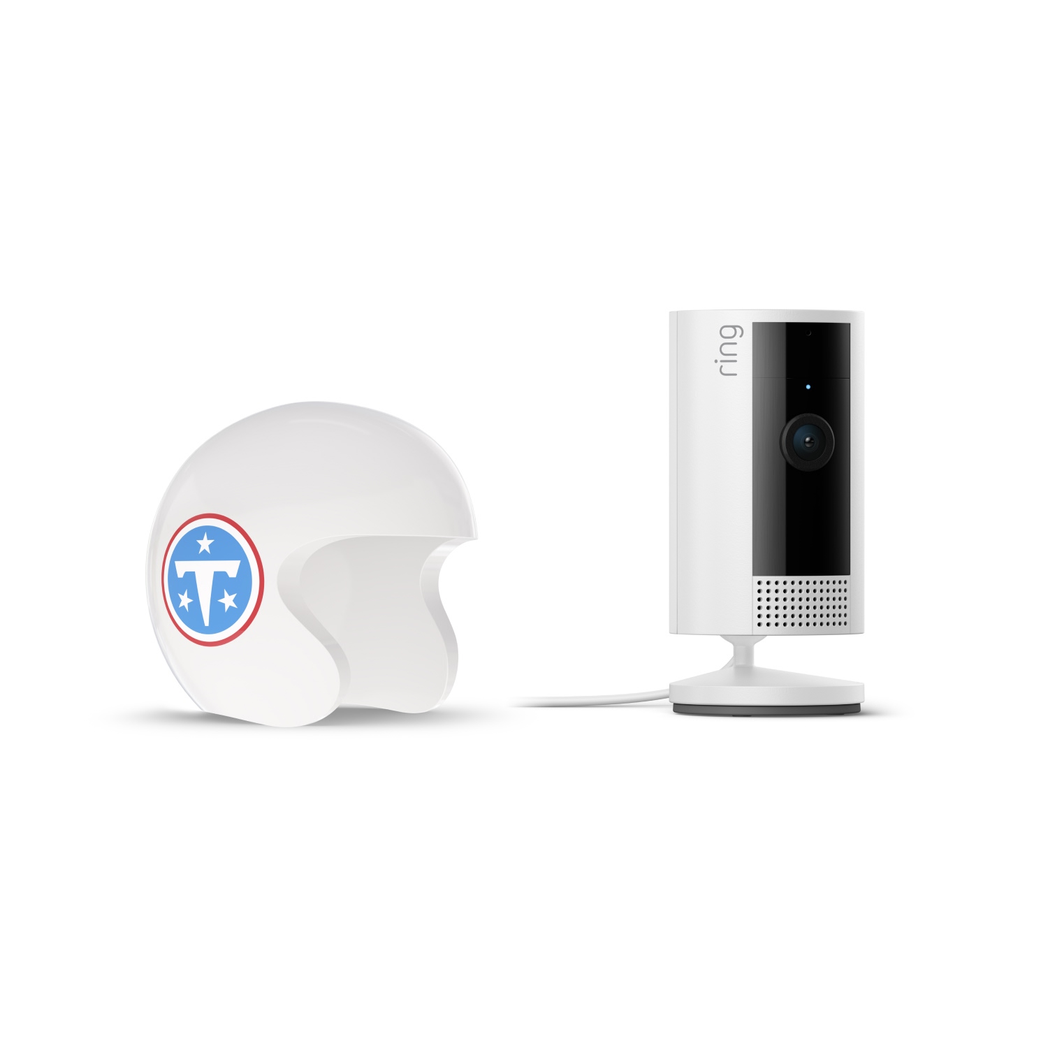 Indoor Cam, White + NFL Game Day Cam Cover — AFC - White Ring indoor camera on a stand next to a white helmet featuring a blue and red logo with stars on a white background.