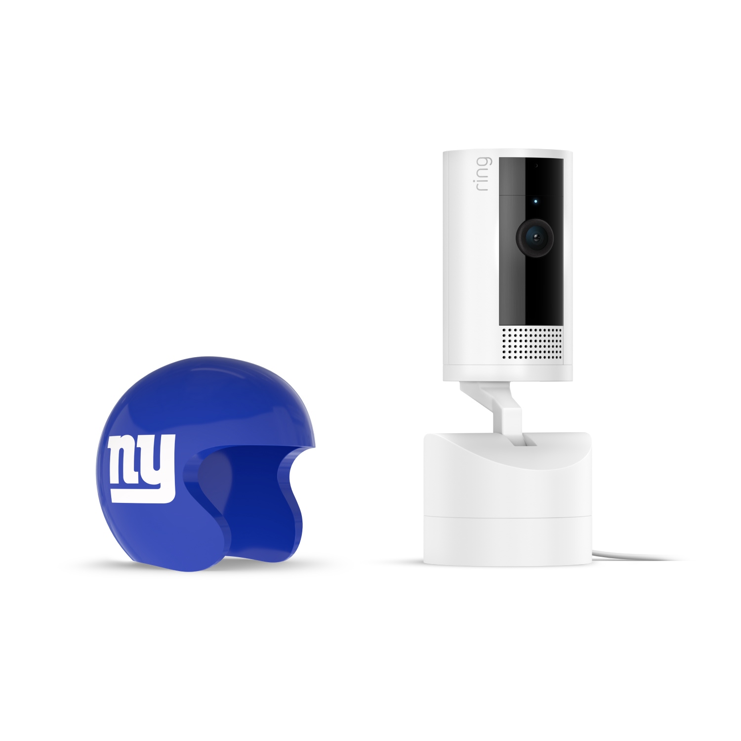 Pan-Tilt Indoor Cam, White + NFL Game Day Cam Cover — NFC - White Ring indoor camera on a stand next to a blue mini football helmet with white “ny” logo on a plain white background.