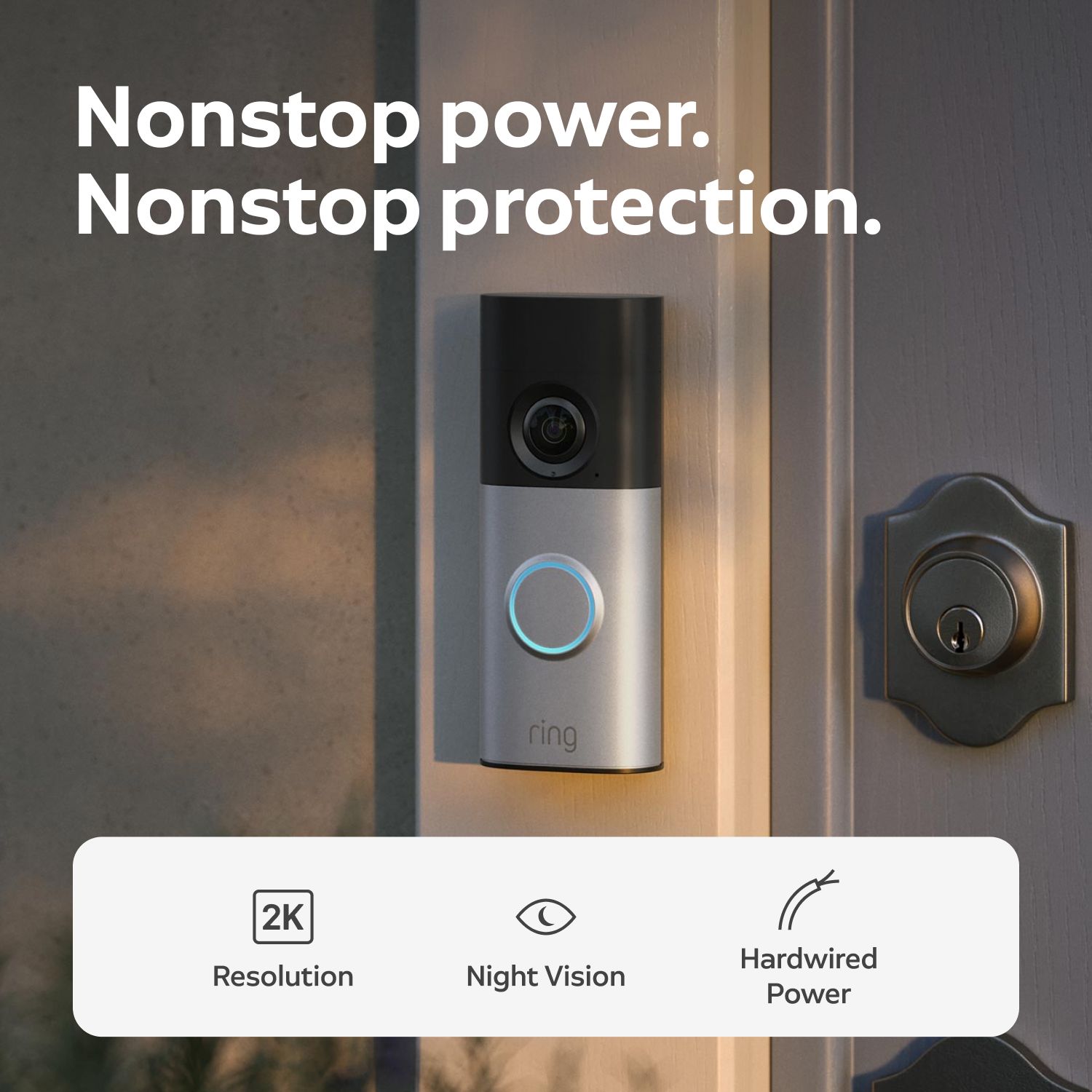 Wired Doorbell 2K Plus (Newest Model)  - Wired doorbell 2K with glowing button mounted beside a front door and lock, shown with text highlighting 2K, night vision, hardwired power
