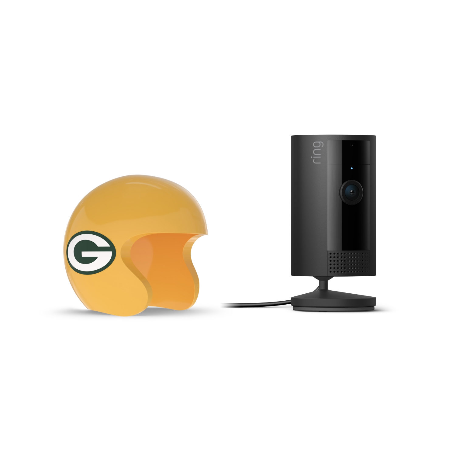 Indoor Cam, Black + NFL Game Day Cam Cover — NFC - Black Ring indoor camera next to a yellow Green Bay Packers mini helmet on a white background.