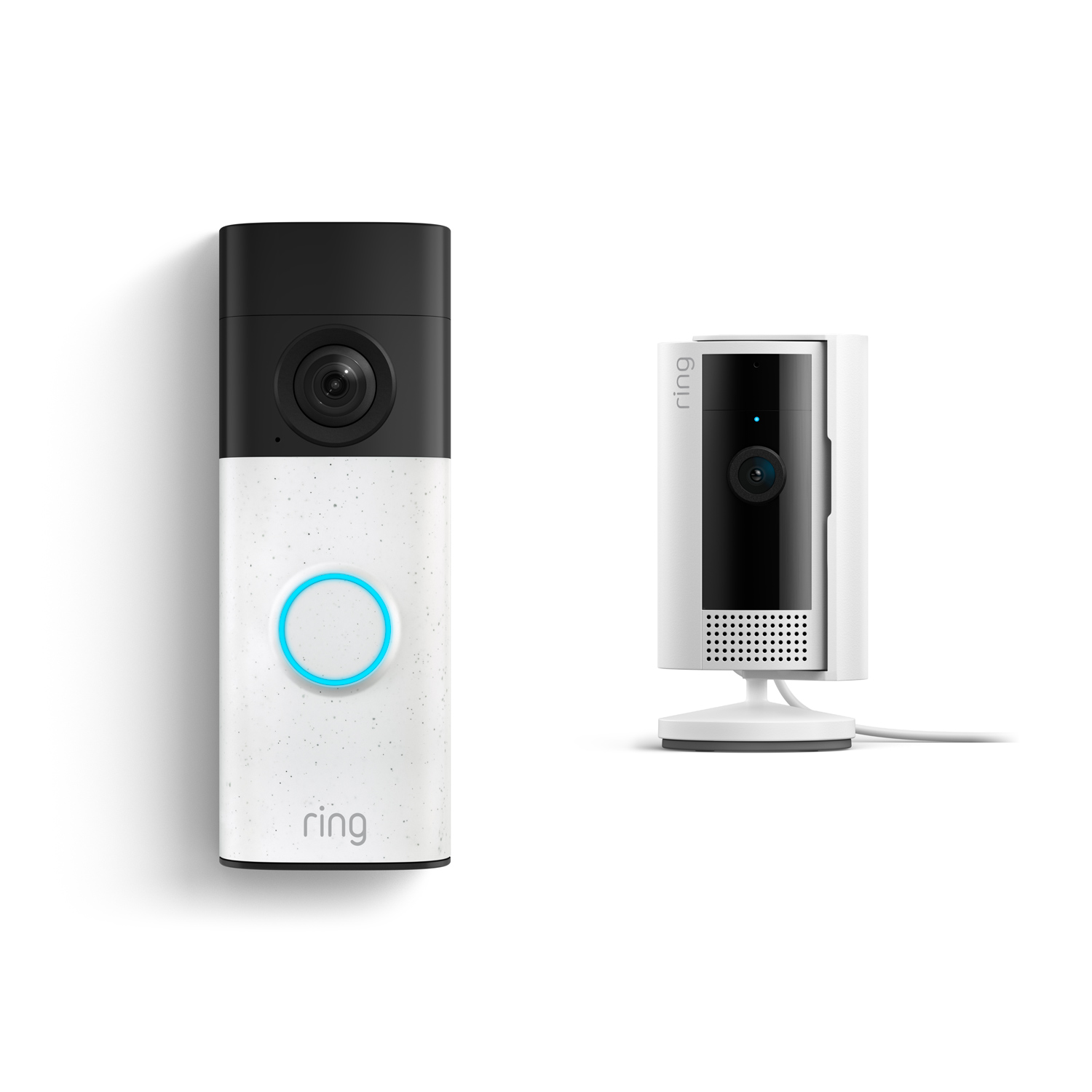 Battery Doorbell (Newest Model) + Indoor Camera (Newest Model) - Ring doorbell with glowing blue button next to a compact white indoor camera on a stand, both against a white background.