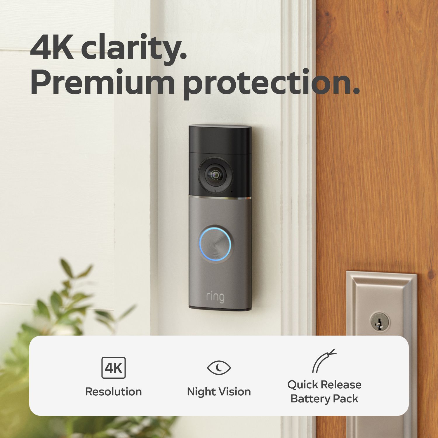 Battery Doorbell 4K Pro (Newest Model)  - Battery doorbell 2K with camera and glowing blue ring mounted beside a wooden front door, promoting 4K, night vision, and quick-release battery.