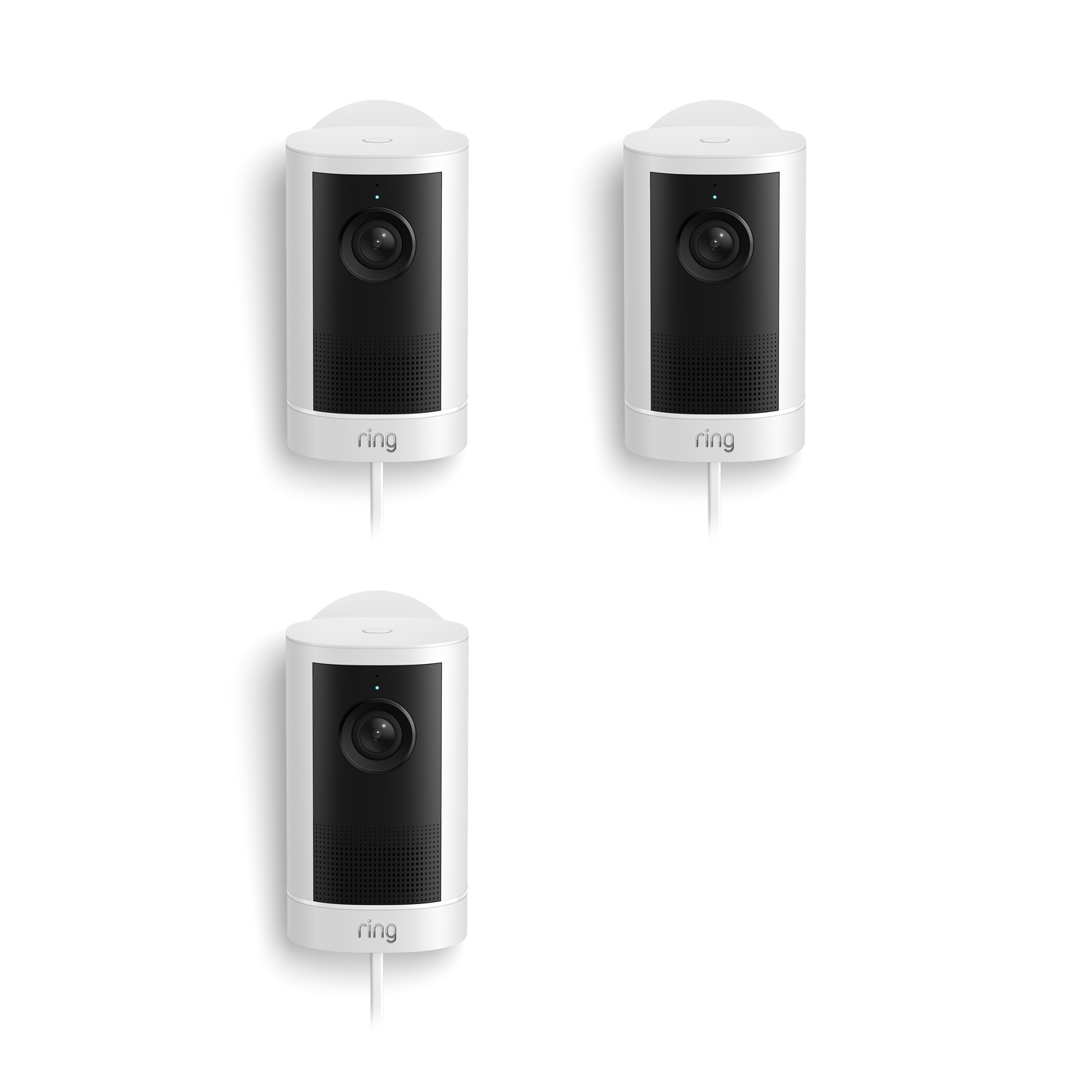 Outdoor Cam 4K Plus  - Three white Ring plug-in cameras with black fronts shown on a white background, each with lens, speaker grille, and cord.