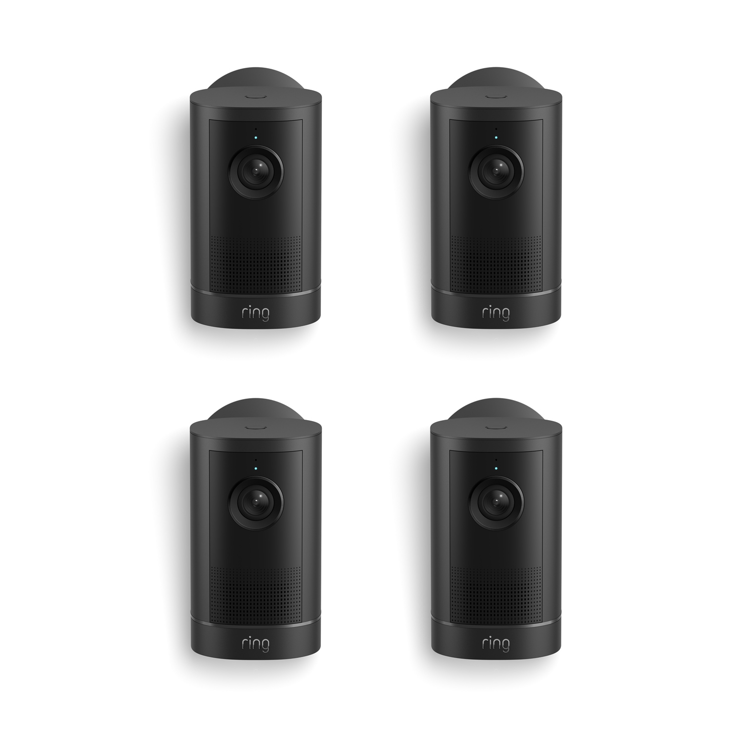 Outdoor Cam 4K Plus  - Set of four black Ring cameras arranged in a grid on a white background, each with a lens and small status light.