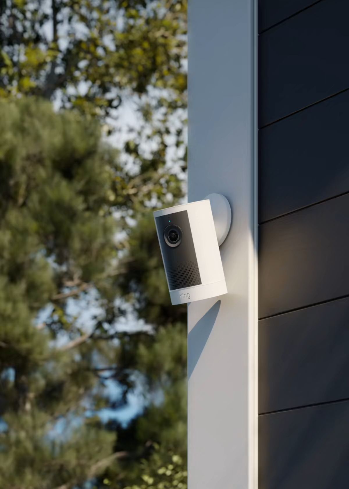White outdoor security camera mounted on a modern house exterior, angled outward, with trees and blue sky softly blurred in the background.