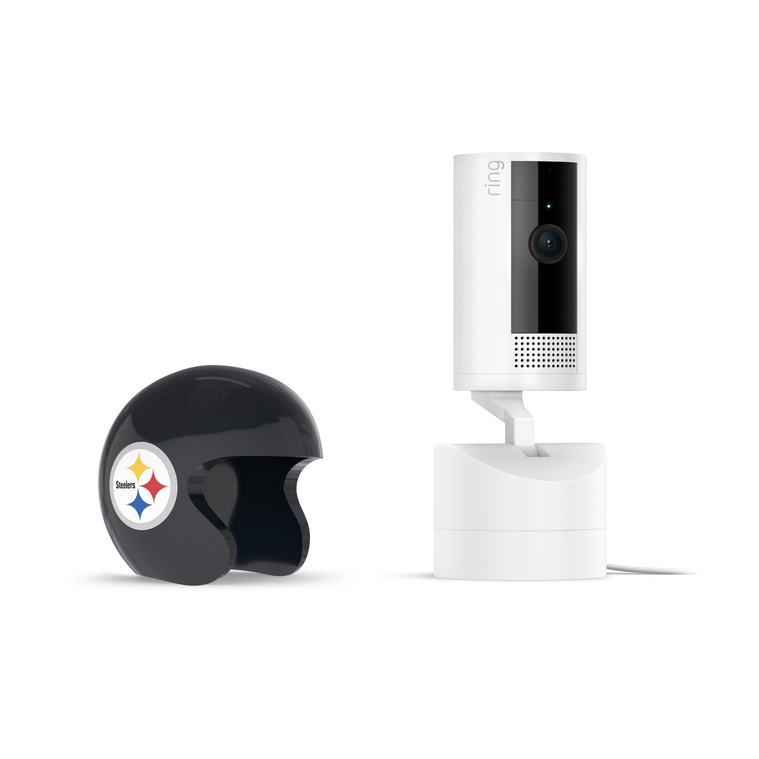 Pan-Tilt Indoor Cam, White + NFL Game Day Cam Cover — AFC - White Ring indoor camera on a stand beside a small black Pittsburgh Steelers helmet-shaped cover on a plain white background.