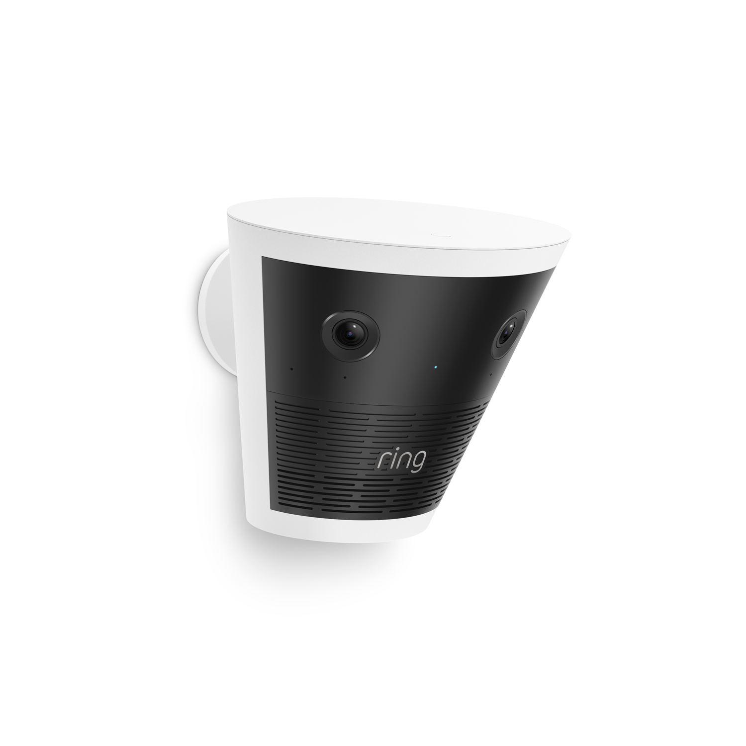 Ring Elite 140 4K - White and black wall-mounted Ring camera with two lenses and speaker grille, shown angled against a plain white background.