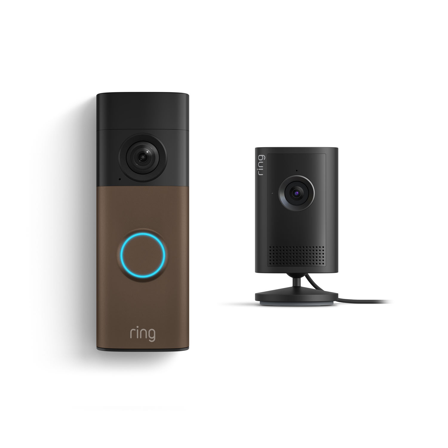 Battery Doorbell (Newest Model) + Indoor Cam Plus - Ring doorbell with bronze faceplate and glowing blue button beside a compact black indoor camera on a stand, both against a white background.