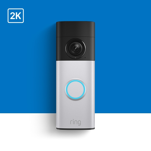 Ring doorbell camera with 2K resolution, silver and black design with blue illuminated button on bright blue background.