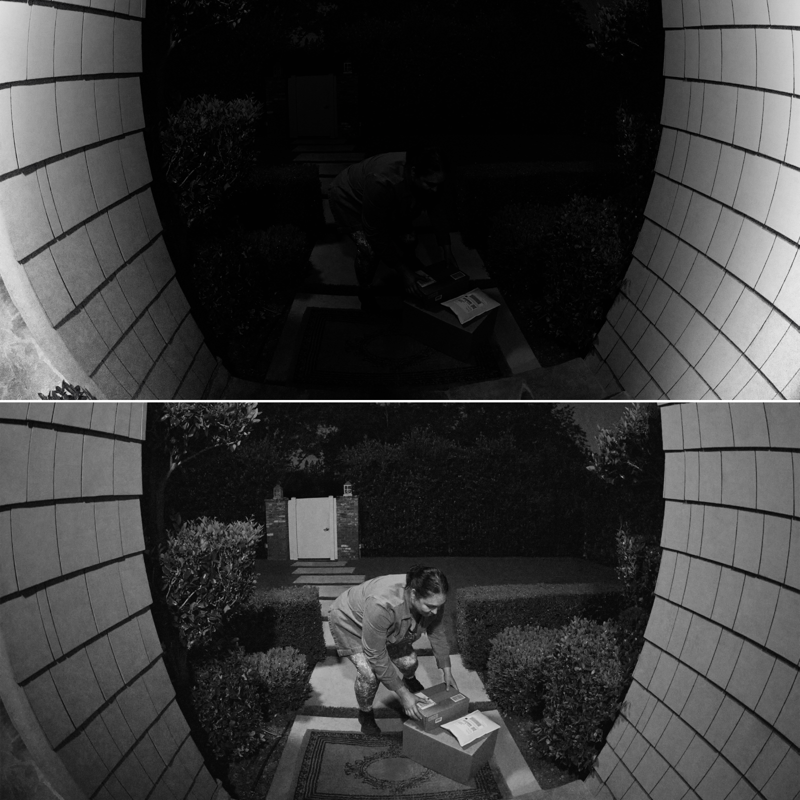 Split screen comparison showing person handling packages at night. Top image without Adaptive Night Vision appears very dark and hard to see details. Bottom image with Adaptive Night Vision shows clearer, brighter view of the same scene.
