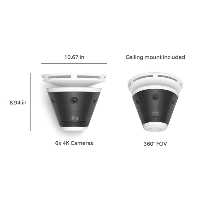 Black and white cone-shaped Ring device with five 4K lenses, 270° field of view, 10.67 in wide by 7.44 in tall, and a built-in corner mount.
