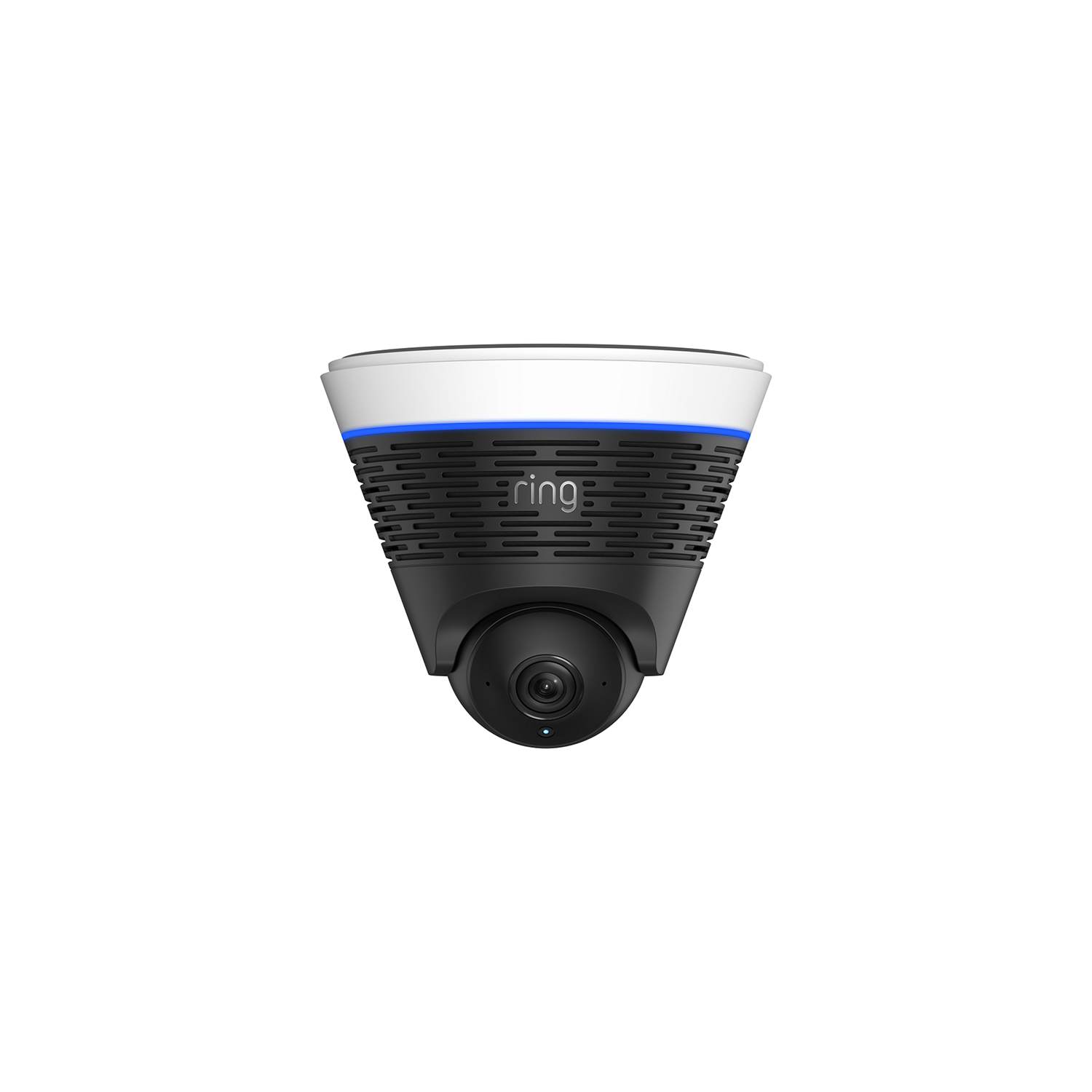 Ring Dome Cam 4K - Ring ceiling-mounted dome security camera with black and white body, blue status light, and a dome lens centered at the bottom.