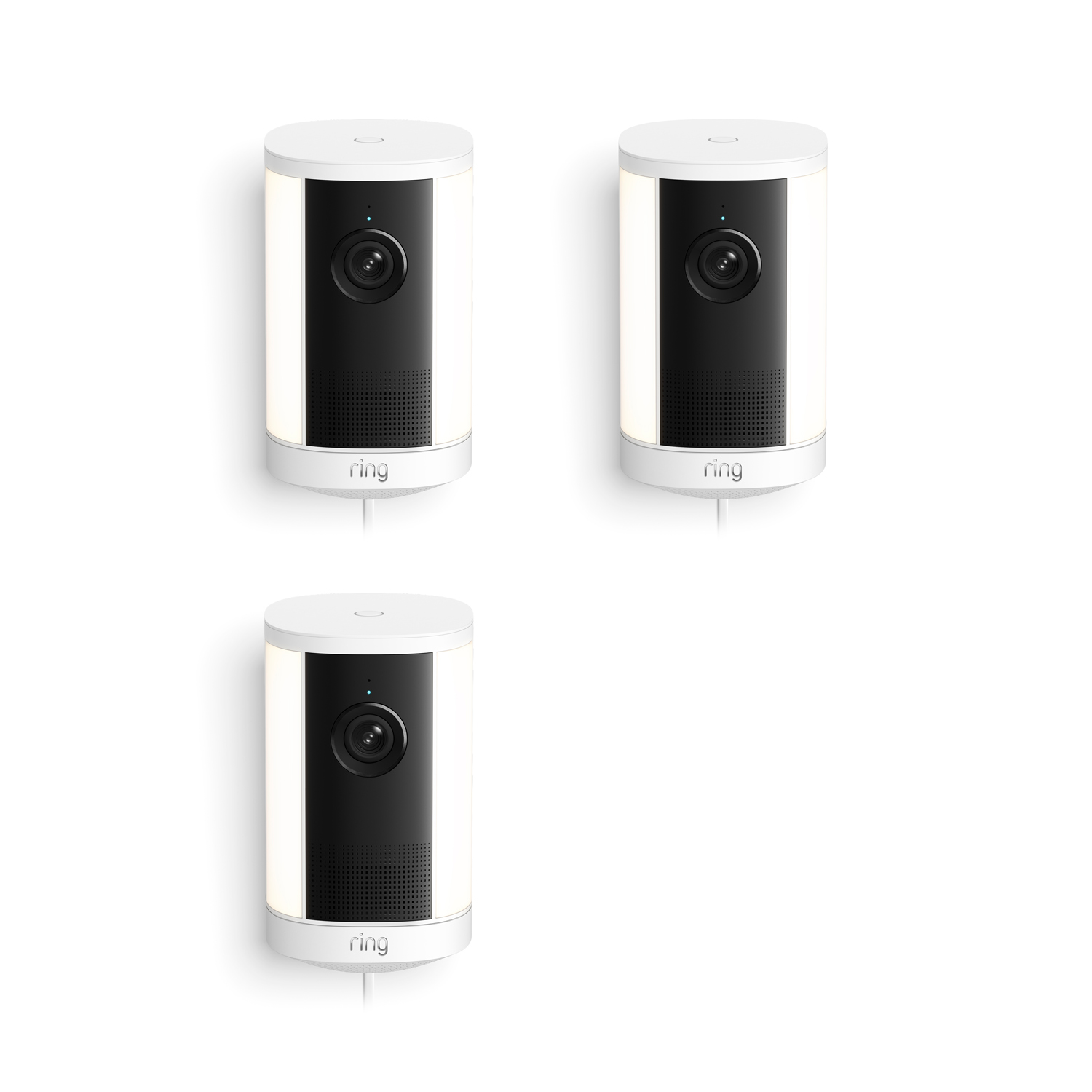 Spotlight Cam 4K Plus - Set of three white Ring spotlight cameras with black fronts and lenses, arranged in a triangle on a white background.